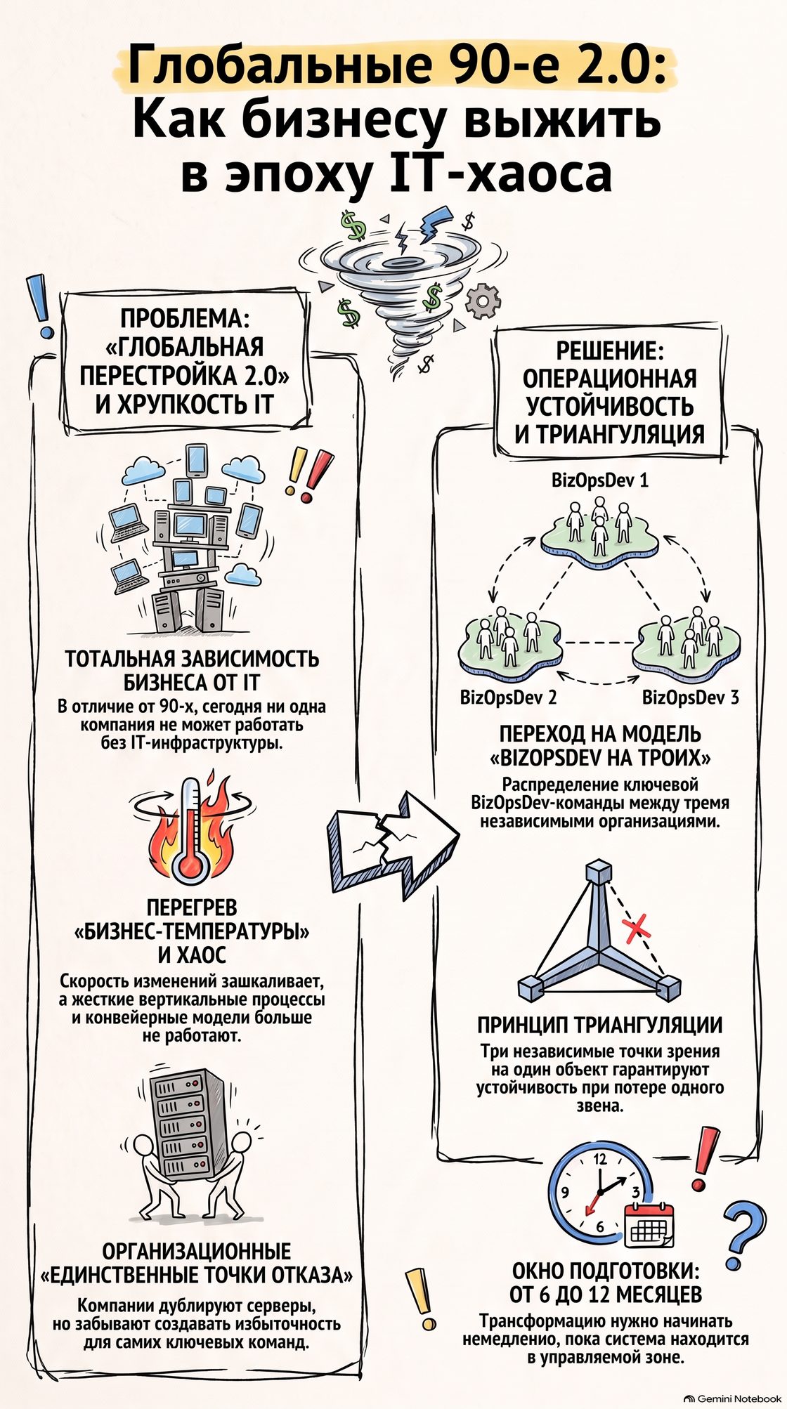 Инфографика: Глобальные 90-е 2.0 — проблема (зависимость бизнеса от ИТ, перегрев бизнес-температуры, единственные точки отказа в командах) и решение (BizOpsDev на троих, триангуляция, окно подготовки 6–12 месяцев)