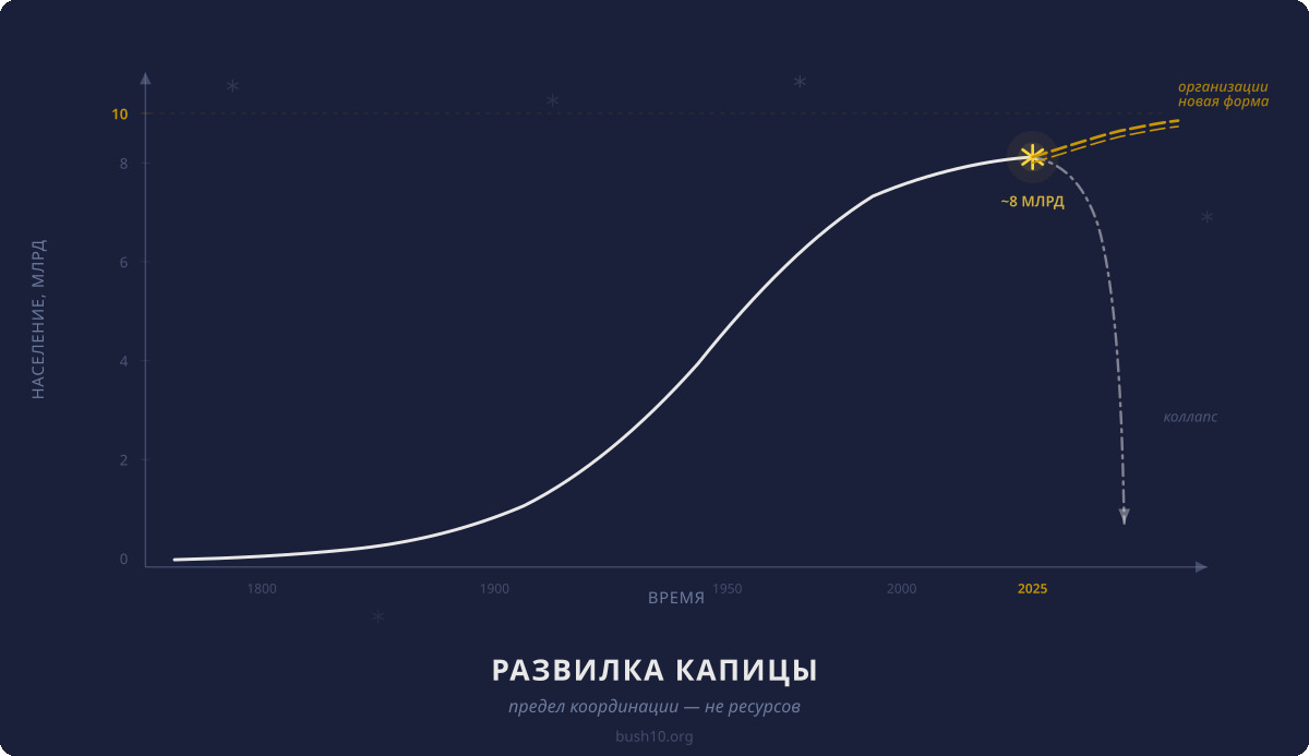 Конвейер, Капица и предел координации — S-кривая с развилкой